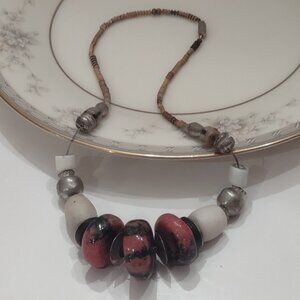 Vtg Pink Rhodonite Black Veined Rondelle Stone Beaded Necklace Choker